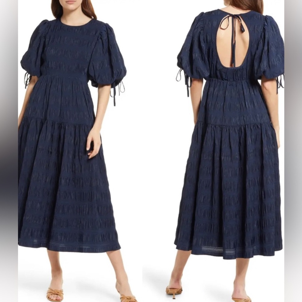 Moon River Puff Sleeve Navy Midi Christmas Holiday Dress With Stripe Texture M